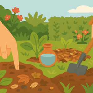 Illustration vectorielle carrée montrant une main testant l’humidité du sol, un oya en terre cuite rempli d’eau, une zone paillée avec feuilles et écorces, et un outil de binage. Jardin verdoyant avec haies et fleurs en fond. Pas de texte. Style illustratif doux et naturel.