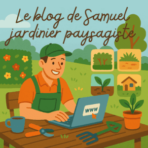 Illustration vectorielle d’un jardinier souriant assis à une table en bois, tapant sur un ordinateur portable avec l’icône “www”. Autour de lui : plantes en pot, outils de jardinage, tasse de café et jardin verdoyant. Vignettes illustrant des sujets de blog : haie, pelouse, jeune pousse, maison. Texte manuscrit “Le blog du jardinier”. Style illustratif chaleureux.