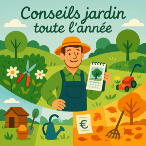 Illustration vectorielle d’un jardinier souriant tenant un calendrier, entouré de scènes représentant les quatre saisons avec outils de jardinage : sécateur au printemps, tondeuse en été, râteau en automne, arrosoir et cabanon en hiver. Ambiance bucolique et chaleureuse, avec le texte manuscrit “Conseils jardin toute l’année”