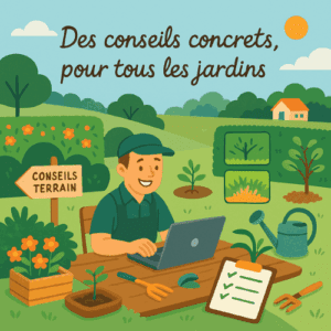 Illustration vectorielle d’un jardin divisé entre petit espace urbain fleuri et grande parcelle avec potager, haies et outils de jardinage. Éléments visibles : panneau “CONSEILS TERRAIN”, carnet avec check-list, arrosoir, râteau, bacs de plantation. En fond, maison avec toit orange, ciel bleu et soleil. Texte manuscrit “Des conseils concrets, pour tous les jardins”. Style illustratif chaleureux.