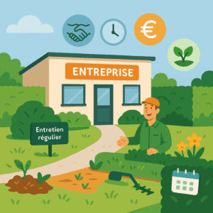 Illustration vectorielle carrée d’un bâtiment d’entreprise avec extérieurs bien entretenus : haies taillées, fleurs, pelouse tondue. Icônes illustratives flottantes : poignée de main, horloge, symbole €, pousse verte, calendrier. Jardinier en tenue verte. Style illustratif professionnel et soigné.