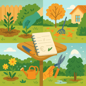 Illustration vectorielle carrée montrant un carnet d’entretien au centre entouré de quatre scènes de jardinage : semis au printemps, arrosage en été, ramassage de feuilles en automne, taille d’un arbuste en hiver. Outils visibles : sécateur, arrosoir, râteau. Ambiance naturelle et organisée. Style illustratif.