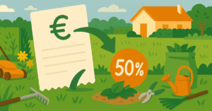 llustration vectorielle horizontale représentant une facture de jardinage avec symbole € et flèche verte vers un cercle “50%”, entourée d’outils (tondeuse, râteau, sécateur, arrosoir), sac de déchets verts et jardin entretenu. Maison en arrière-plan.