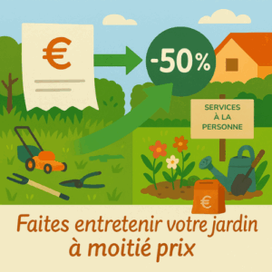 Illustration vectorielle d’un jardin bien entretenu avec fleurs, outils et tondeuse. Une grande facture avec symbole € est reliée par des flèches vertes à un cercle “-50%” et un panneau “Service à la personne”. En arrière-plan, maison avec toit orange et ciel pastel. Texte manuscrit : “Faites entretenir votre jardin à moitié prix”. Style illustratif clair.