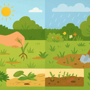 Illustration vectorielle carrée divisée en deux scènes : à gauche, désherbage manuel en été sous le soleil sur une pelouse sèche et trouée ; à droite, semis en automne sous la pluie sur sol humide avec jeunes pousses. Jardin verdoyant, ambiance pédagogique. Pas de texte dans l’image.