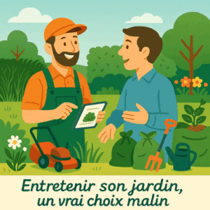 Illustration vectorielle d’un jardinier souriant discutant avec un client dans un jardin. À gauche, pelouse haute et outils de jardinage ; à droite, zone bien entretenue avec fleurs et sacs de déchets verts. Le jardinier montre une tablette avec un conseil. Texte manuscrit : “Entretenir son jardin, un vrai choix malin”. Style illustratif bucolique.