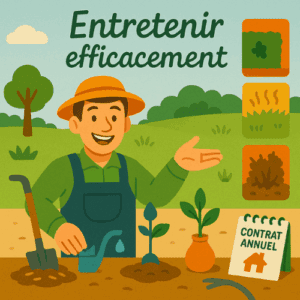 Illustration vectorielle d’un jardinier souriant en train de montrer des techniques efficaces : arrosage goutte-à-goutte, paillage et oya. À droite, trois encadrés d’erreurs fréquentes : haie trouée, pelouse jaunie, végétation envahie. Un contrat annuel avec icône de maison est posé à côté. Ambiance bucolique, outils visibles, texte manuscrit “Entretenir efficacement”.