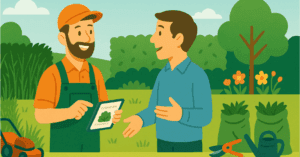 Illustration vectorielle horizontale d’un jardinier souriant discutant avec un client. Jardin partagé entre zone négligée avec tondeuse et herbes hautes, et zone entretenue avec sacs de déchets verts, outils, et fleurs colorées. Le jardinier montre une tablette.