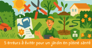 Illustration vectorielle horizontale présentant cinq erreurs courantes de jardinage : arrosage en plein soleil, mauvaise taille, tonte trop rase, absence de paillage, sol détrempé. Icônes d’erreur (croix rouges) visibles. Jardinier souriant au centre avec tablette. Texte manuscrit : “5 erreurs à éviter pour un jardin en pleine santé”. Style illustratif pédagogique.