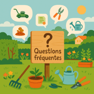 Illustration vectorielle d’un jardin sans personnage, avec un panneau en bois affichant “Questions fréquentes” et une icône “?”. Autour : bulles contenant des icônes de jardinage (tondeuse, arrosoir, sécateur, contrat, paillage). Environnement fleuri avec outils au sol (râteau, arrosoir, plante en pot). Style illustratif, ambiance nature et informative.