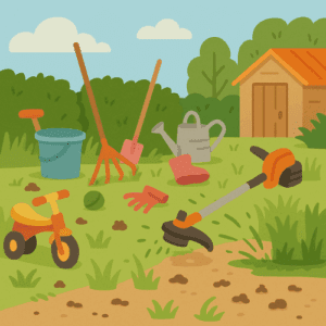 Illustration vectorielle carrée d’un jardin encombré avant entretien : jouets, seau, outils, gants, arrosoir et crottes de chien dispersés. Une débroussailleuse en action coupe l’herbe. En fond, haies et cabanon. Style illustratif désordonné mais chaleureux.