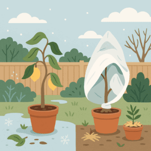 Illustration vectorielle carrée montrant un citronnier en pot exposé au froid à gauche (feuilles abîmées, sol gelé), et protégé par un voile d’hivernage à droite. Jardin d’hiver avec flocons, plantes paillées et ciel pastel. Style illustratif pédagogique.