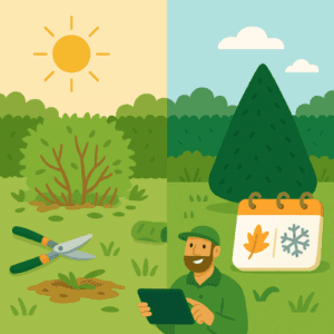Illustration vectorielle carrée montrant deux haies : à gauche, haie feuillue mal taillée en été sous le soleil, avec sécateur au sol ; à droite, conifère bien taillé sous ciel nuageux, avec icône de calendrier automne-hiver. Jardin verdoyant. Pas de texte dans l’image. Style illustratif pédagogique.