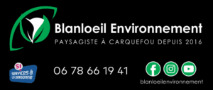 Logo de Blanloeil Environnement, paysagiste à Carquefou depuis 2016, avec mention des services à la personne et icônes de réseaux sociaux.