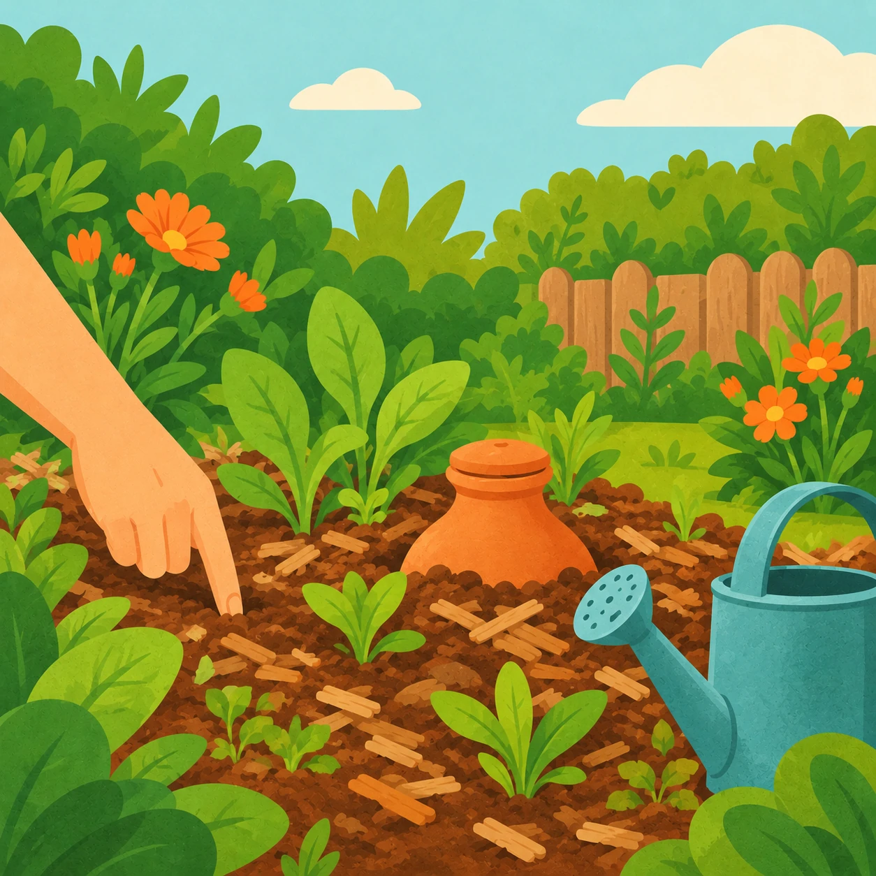 Illustration d’une main vérifiant la terre d’un massif paillé, près d’un oya couvert et d’un arrosoir bleu.