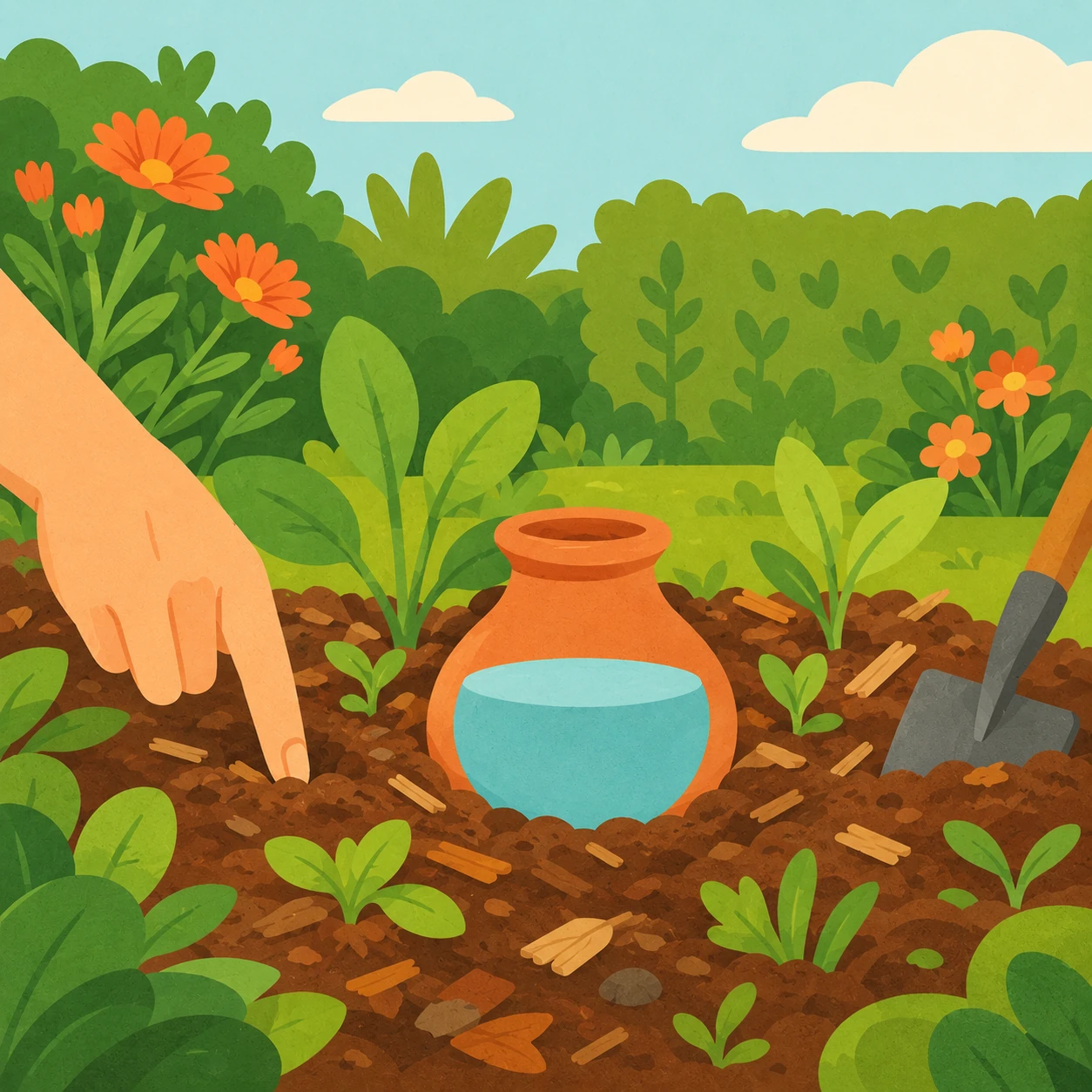 Illustration d’une main testant la terre près d’un oya en terre cuite, dans un massif paillé et fleuri.