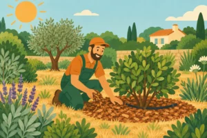 Illustration d’un jardinier installant du paillage au pied d’un arbuste dans un jardin en été.