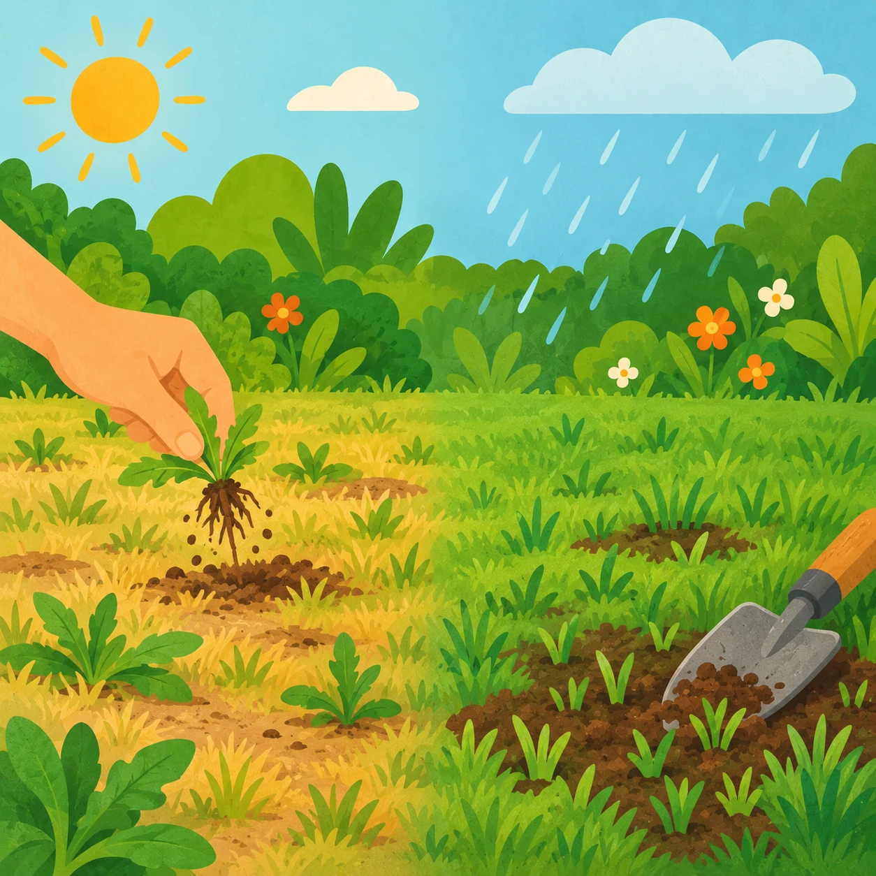 Illustration d’un désherbage sur une pelouse sèche au soleil, à côté d’une pelouse verte avec de jeunes pousses sous la pluie.