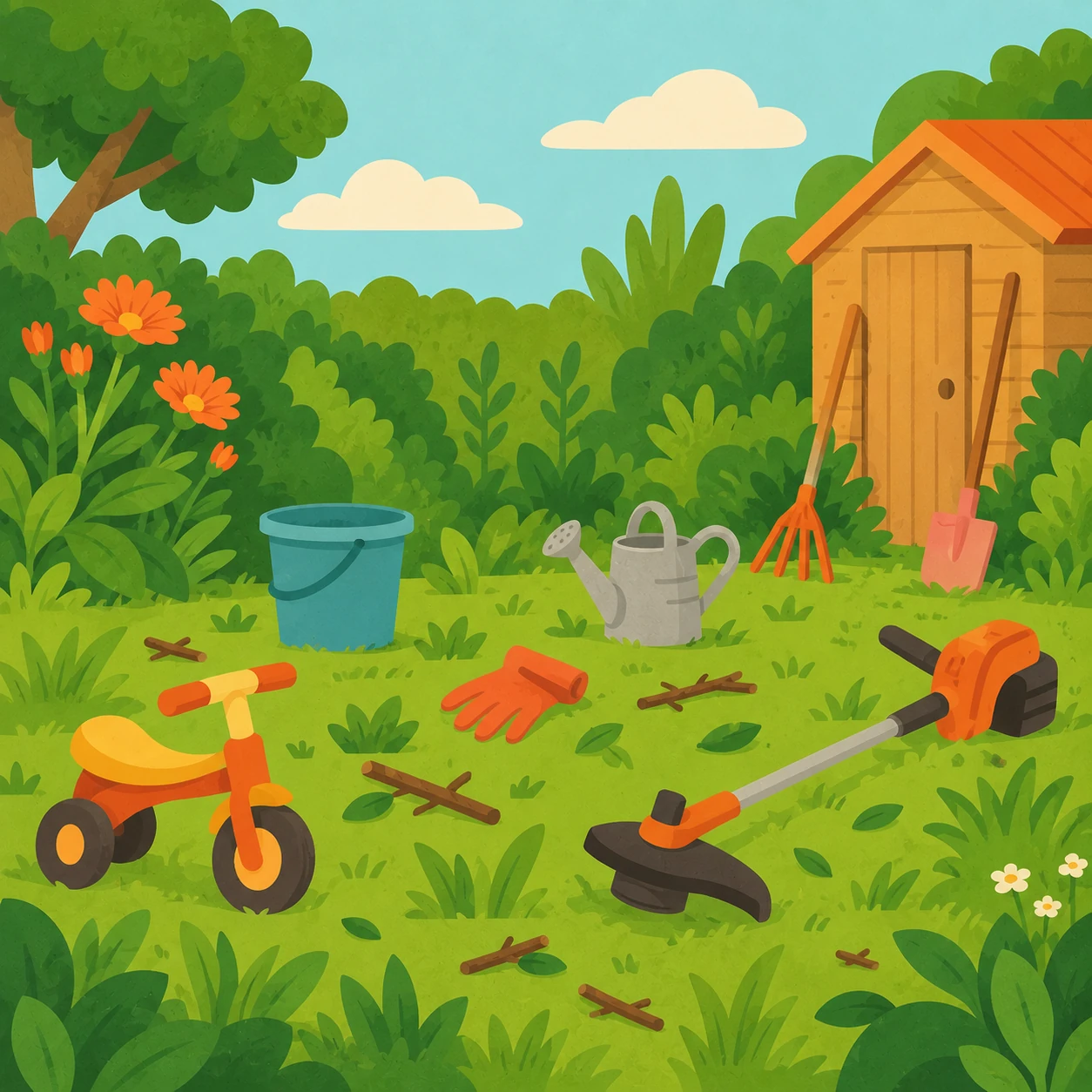 Illustration d’une pelouse encombrée par un tricycle, un seau, un gant, des branches et une débroussailleuse.