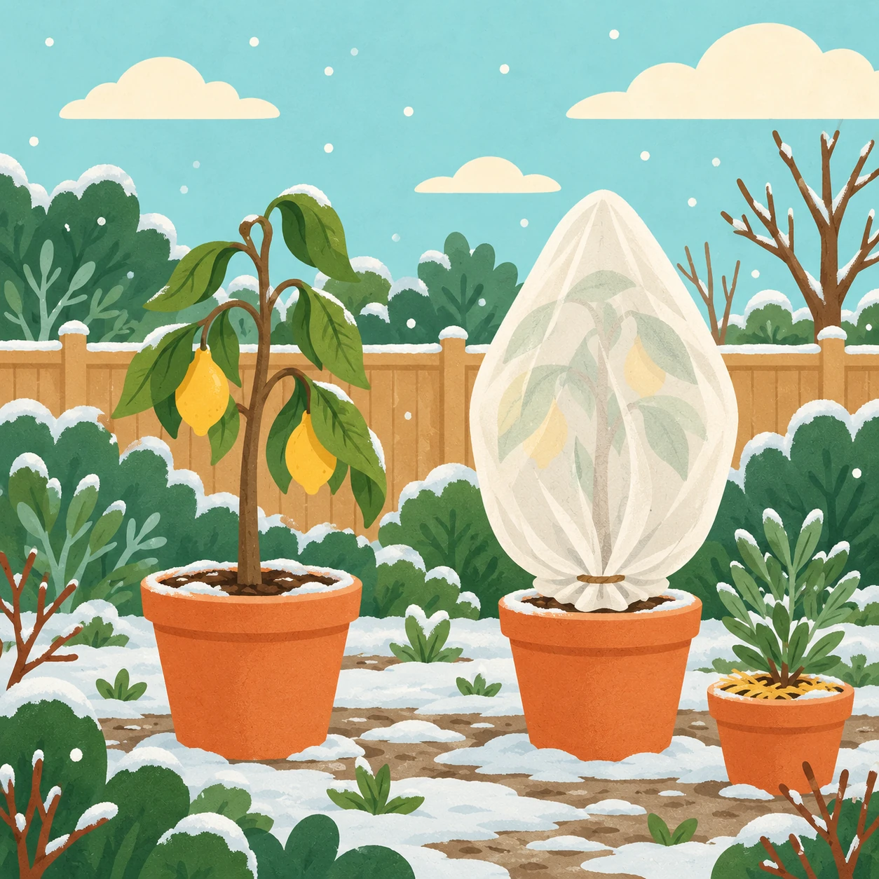 Illustration de deux citronniers en pot dans un jardin enneigé, dont l’un est enveloppé d’un voile d’hivernage.