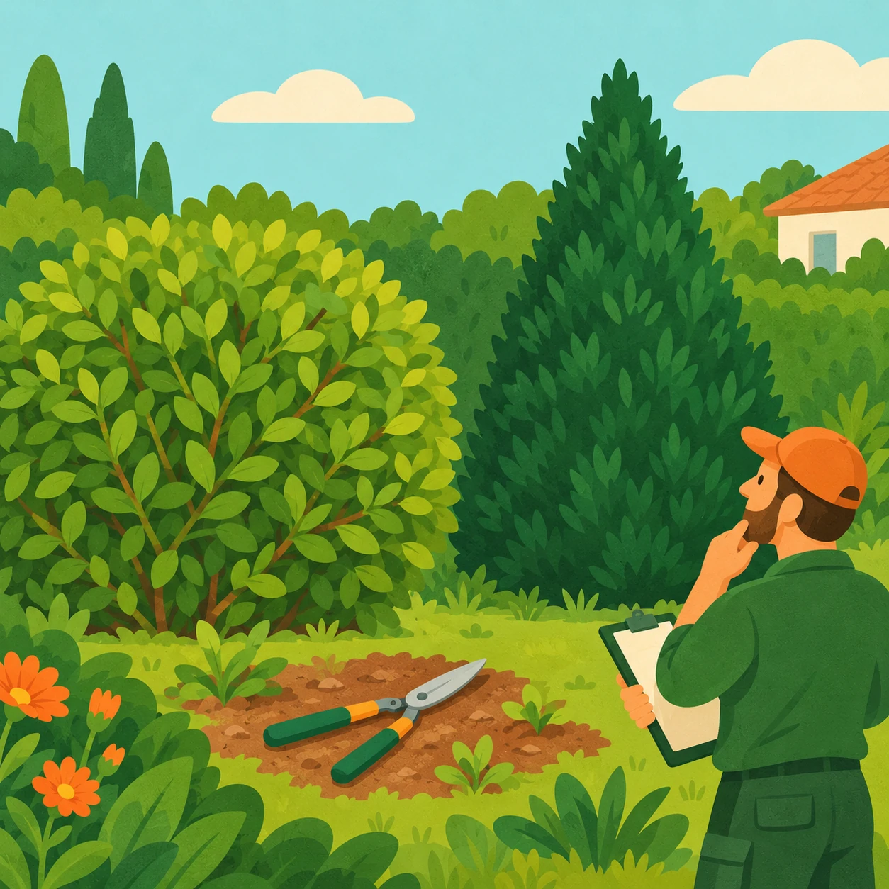 Illustration d’un jardinier observant un arbuste feuillu et un conifère, avec une cisaille posée au sol.